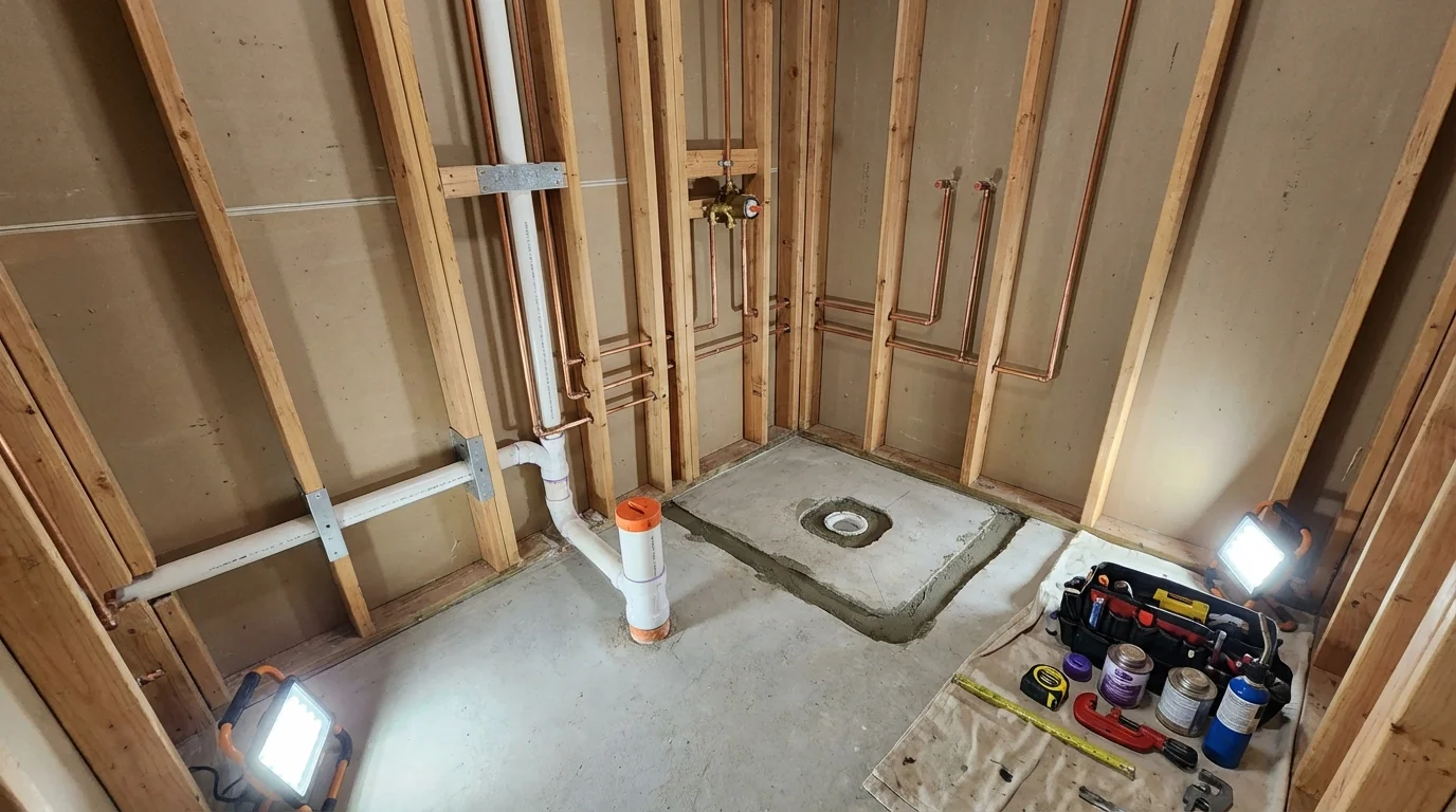 Bathroom rough-in plumbing during remodel by Johns Plumbing LLC in South Houston