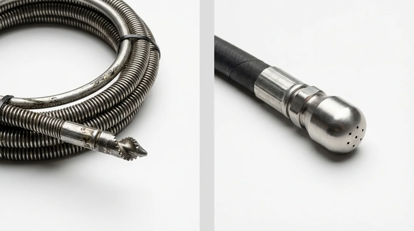 Drain snake cable and hydro jetting nozzle used for drain cleaning in South Houston, TX