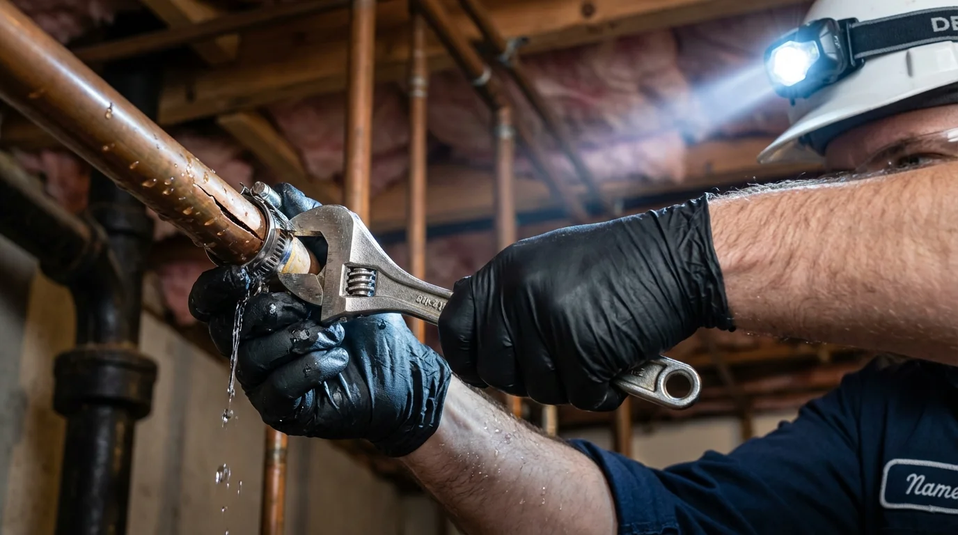 Emergency pipe clamp repair being performed by a Johns Plumbing LLC plumber in South Houston