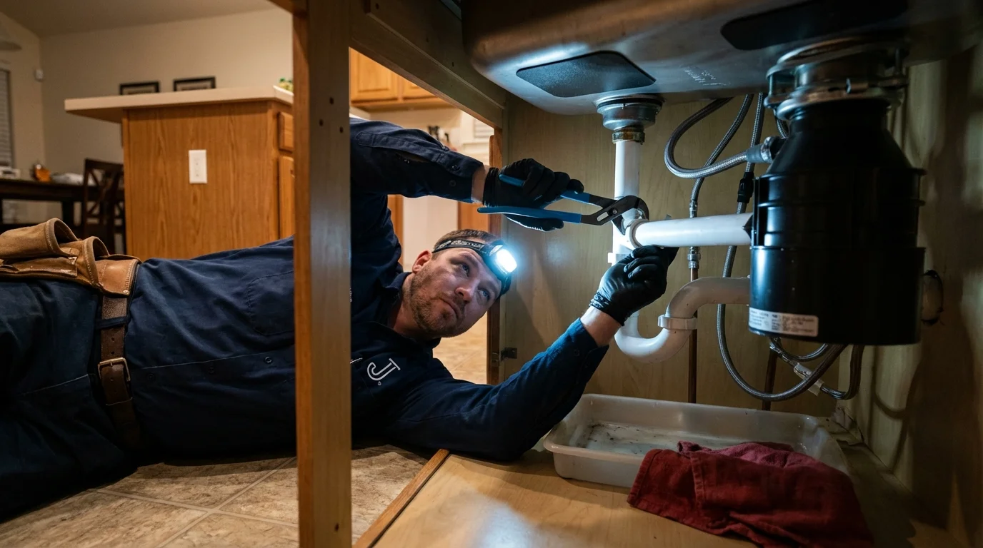 P-trap and supply line connections under a kitchen sink showing a common leak point in South Houston, TX